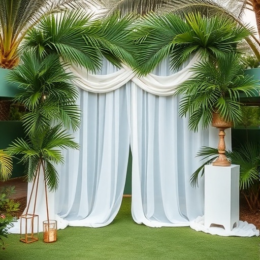 A tropical palm leaf ceremony backdrop with white drapes and a wooden pedestal.