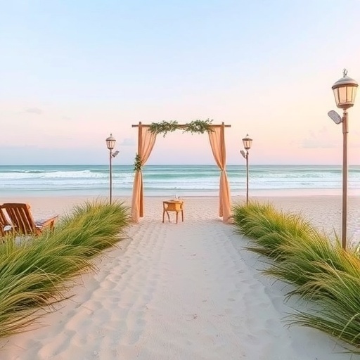A beautiful beach wedding setup featuring pampas grass decor along the aisle.
