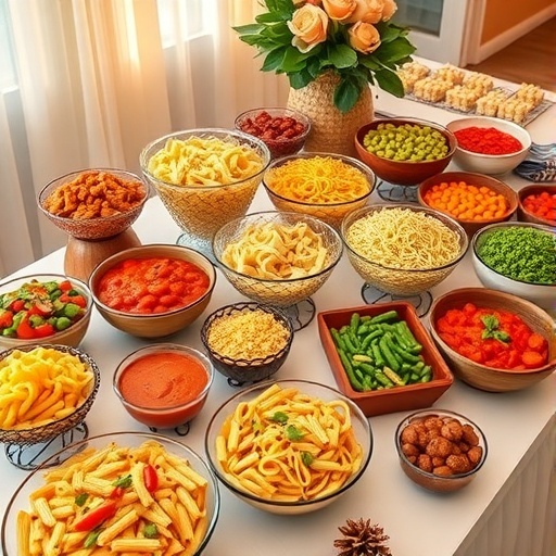 A variety of pasta dishes and sauces arranged on a table for a wedding food station.