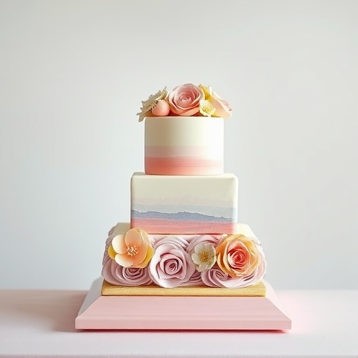 A pastel ombre wedding cake with soft colored layers and floral decorations.