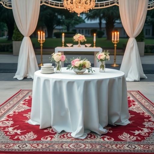 A beautifully set sweetheart table on a patterned rug, adorned with flowers and candles.