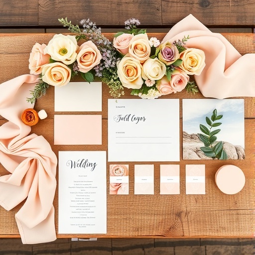 A wedding setup featuring peach roses, lavender flowers, and beige decor items on a wooden table.
