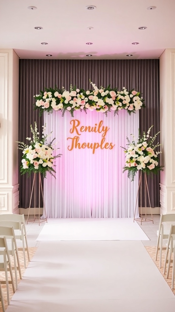 A beautifully decorated wedding ceremony backdrop with floral arrangements and personalized signage.