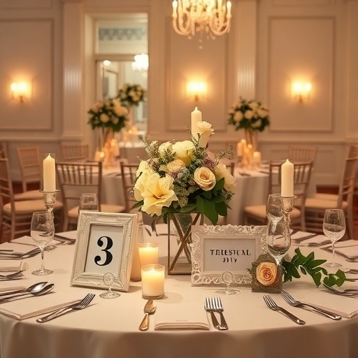 Elegant wedding table with photo frame table numbers