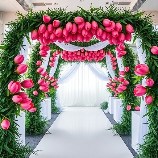 A beautifully decorated wedding aisle featuring pink protea flowers and greenery.