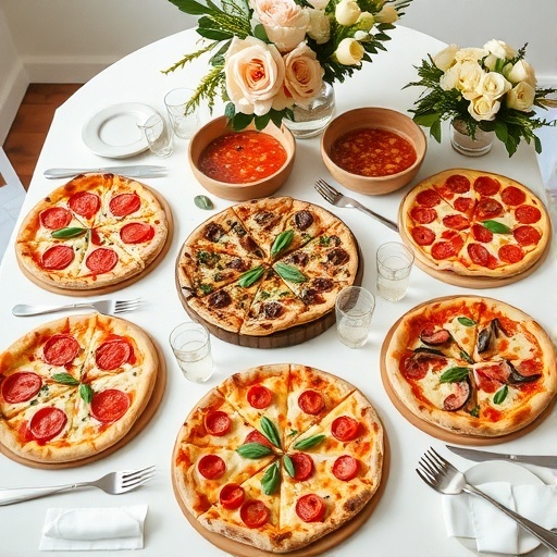 A table featuring multiple pizzas with different toppings and a floral centerpiece.