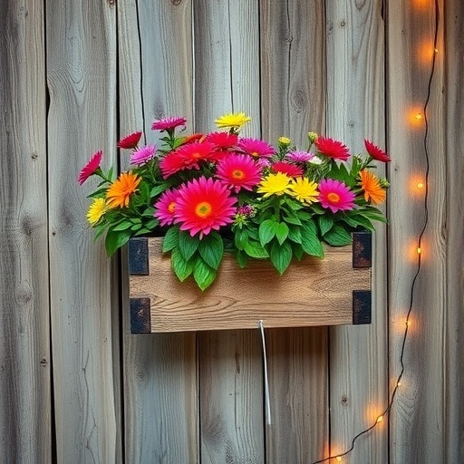 A planter box filled with colorful flowers mounted on a rustic wooden wall.