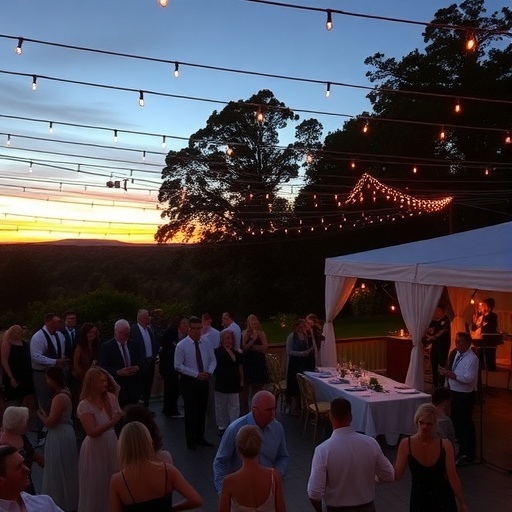 A beautifully decorated outdoor wedding reception with guests enjoying live music under string lights during sunset.