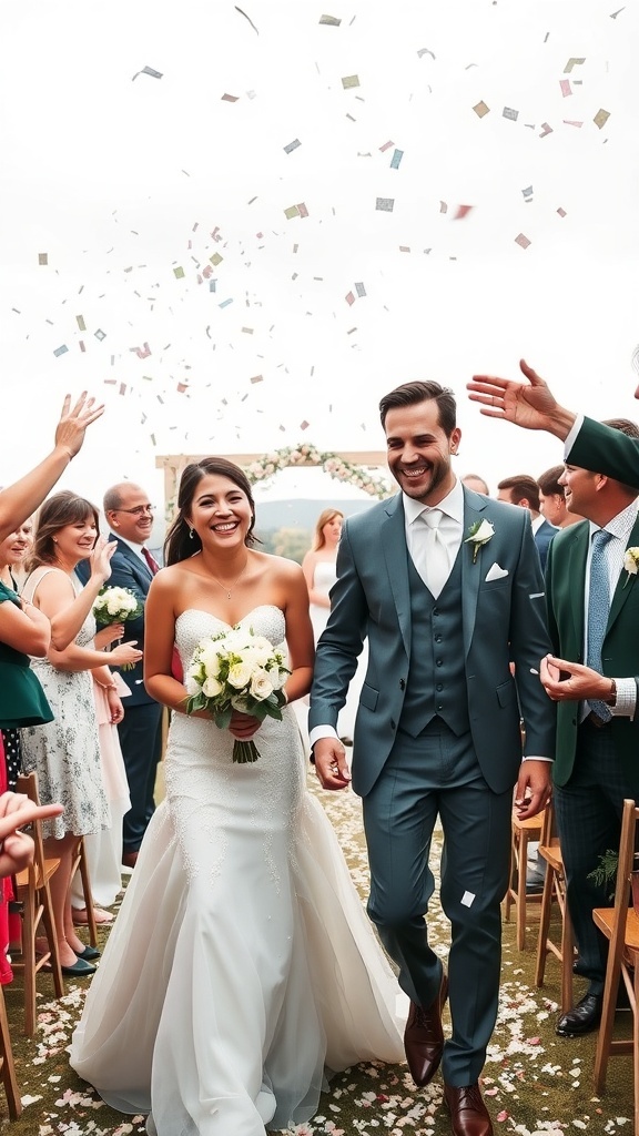 Couple leaving wedding ceremony surrounded by confetti and smiling guests