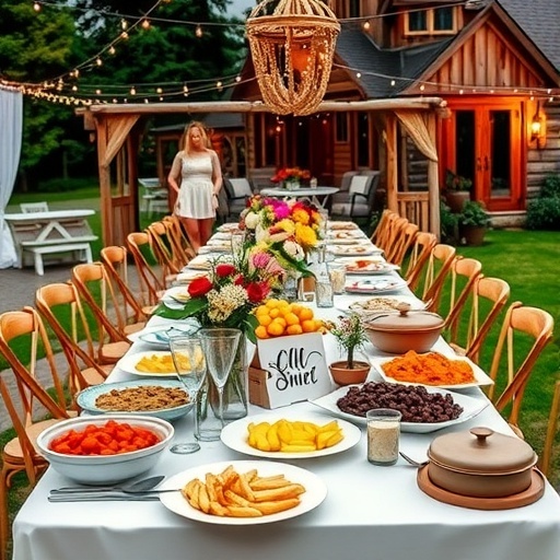 A beautifully arranged outdoor potluck reception table with various dishes and decorations.