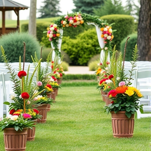 Colorful potted floral arrangements lining a wedding aisle