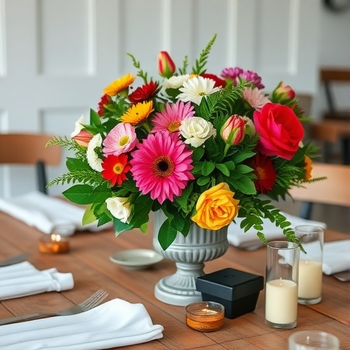 A vibrant flower arrangement in a decorative pot, featuring pink, yellow, and white flowers on a wooden table, with candles in the background.