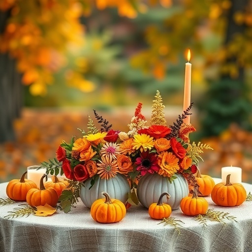 A sweetheart table decorated with pumpkins and fall flowers, surrounded by candles in a scenic outdoor setting.