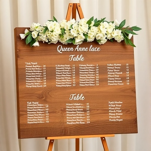Queen Anne's Lace seating chart display with floral arrangement on a wooden board.