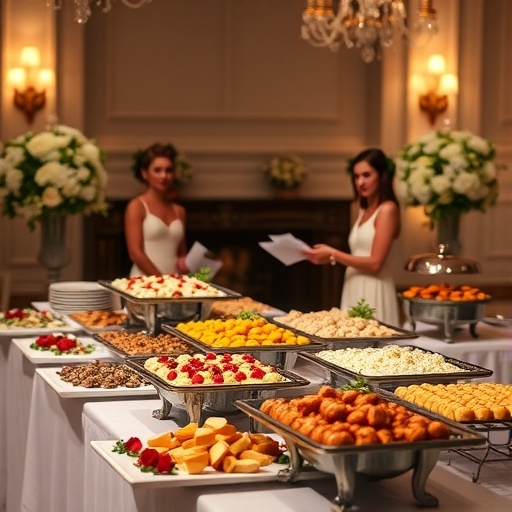 A beautifully arranged buffet with various dishes at a wedding reception.