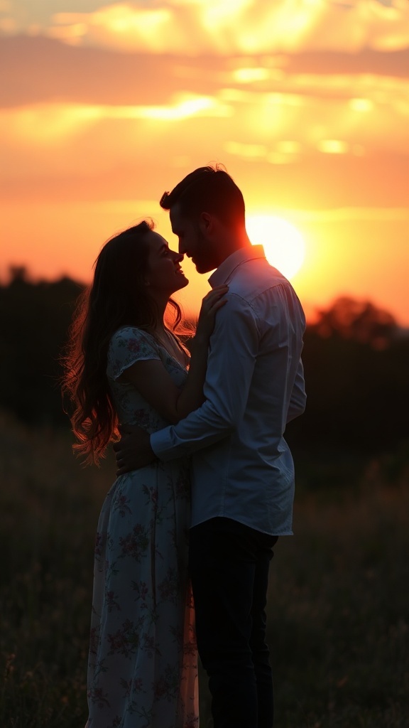 Couple embracing at sunset with a beautiful sky in the background