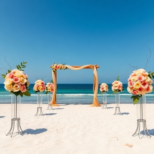 Beach wedding aisle with rose flower arrangements and ocean view