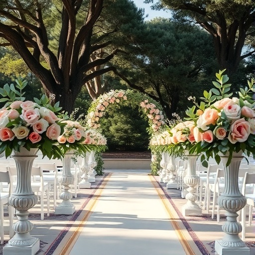 Wedding aisle decorated with rose and eucalyptus arrangements on pedestals