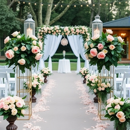 Wedding aisle decorated with roses and eucalyptus foliage.