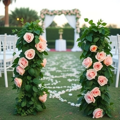 Wedding aisle decorated with rose and greenery markers.