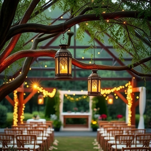 Rustic lanterns hanging from a tree with warm lights at a wedding venue.
