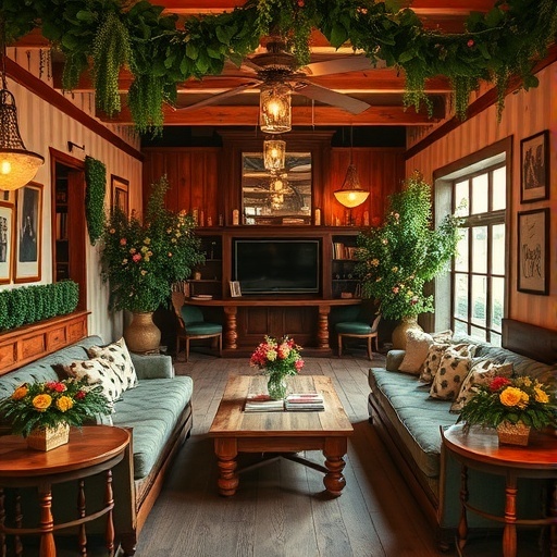 Cozy rustic reception lounge area with green plants, floral arrangements, and comfortable seating