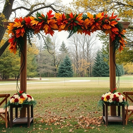 Rustic wedding arch decorated with colorful fall leaves and flowers, set in an outdoor park.