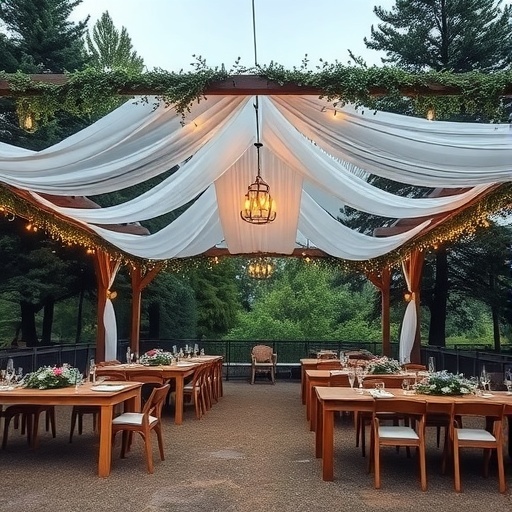 Rustic wedding reception canopy with draped fabric, lanterns, and tables set for the celebration