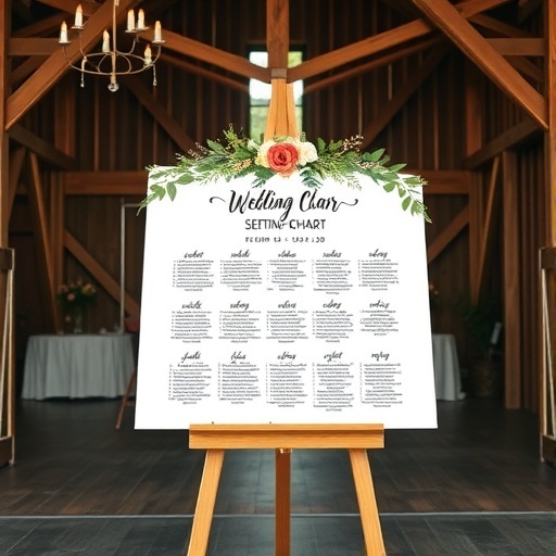 Wedding seating chart on an easel with floral decorations in a rustic venue