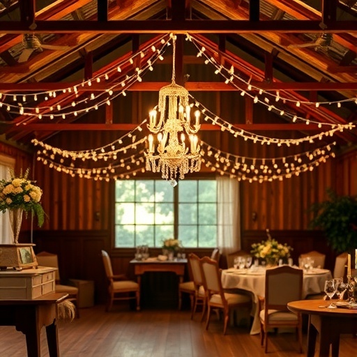 Elegant rustic wedding decor with string lights and a chandelier.