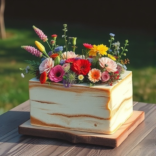 Rustic rectangle wedding cake adorned with colorful flowers, placed on a wooden table.