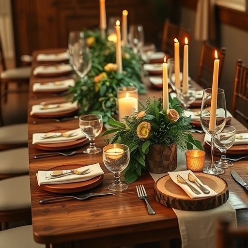 A beautifully set wedding table with rustic wooden accents, candles, and floral arrangements.