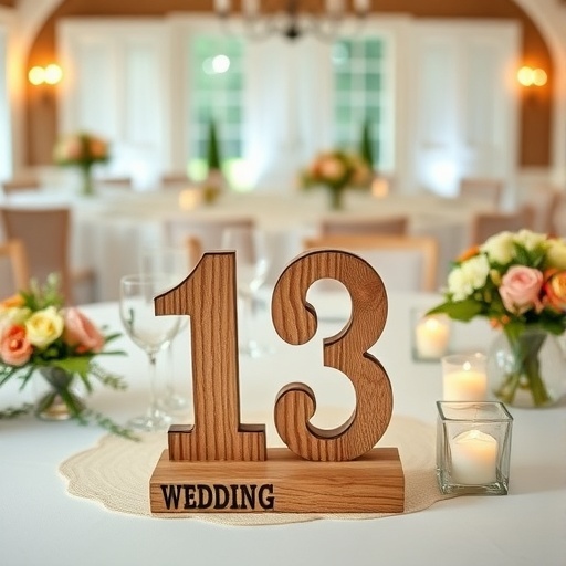 A wooden table number '13' placed on a beautifully set wedding table