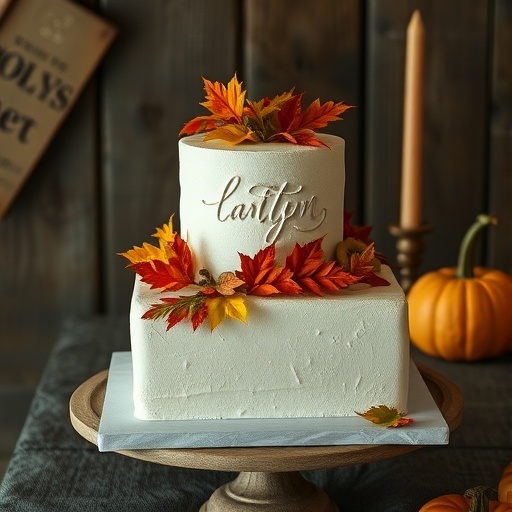 Elegant rectangular wedding cake decorated with autumn leaves and a pumpkin.