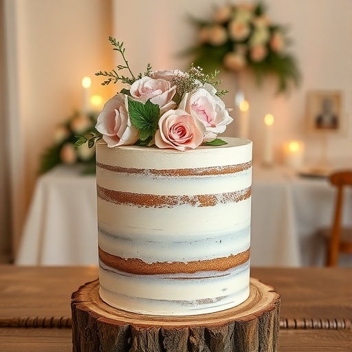 Ethereal naked cake adorned with roses and greenery, placed on a wooden stand.