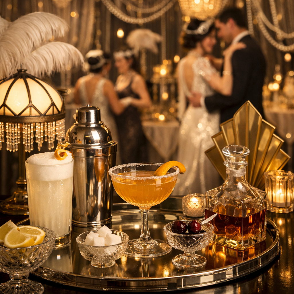 A display of elegant cocktails with vintage glassware, set against a stylish 1920s themed background.