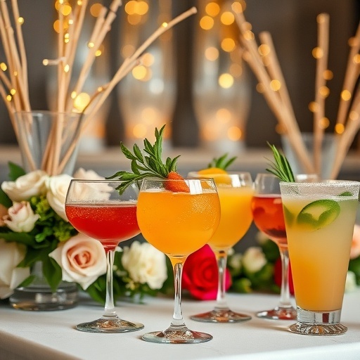 A selection of colorful signature cocktails on a beautifully decorated table with flowers and fairy lights.