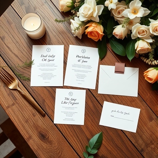Elegant wedding stationery displayed on a wooden table with flowers and candles