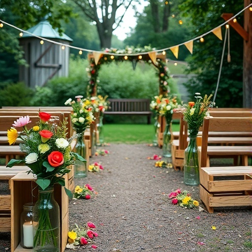 A rustic wedding ceremony aisle with flower arrangements in jars and wooden benches.