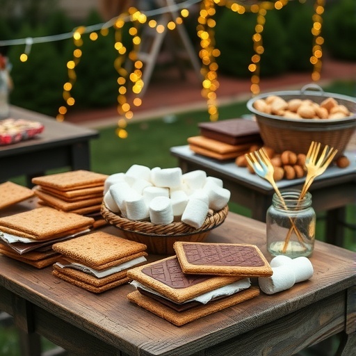 A cozy s'mores station featuring graham crackers, chocolate, and marshmallows with fairy lights in the background.