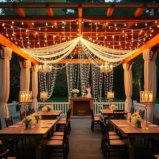 A beautifully decorated wedding venue with string lights and floral centerpieces.