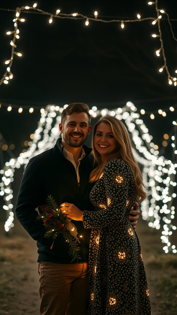 A couple smiling at nighttime with string lights around them.