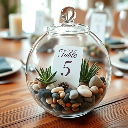 A glass terrarium with a table number inside, surrounded by pebbles and small plants.