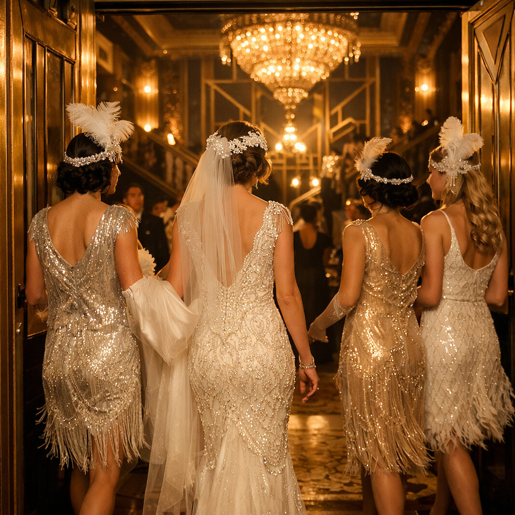 Bridal party entering a venue in glamorous 1920s attire