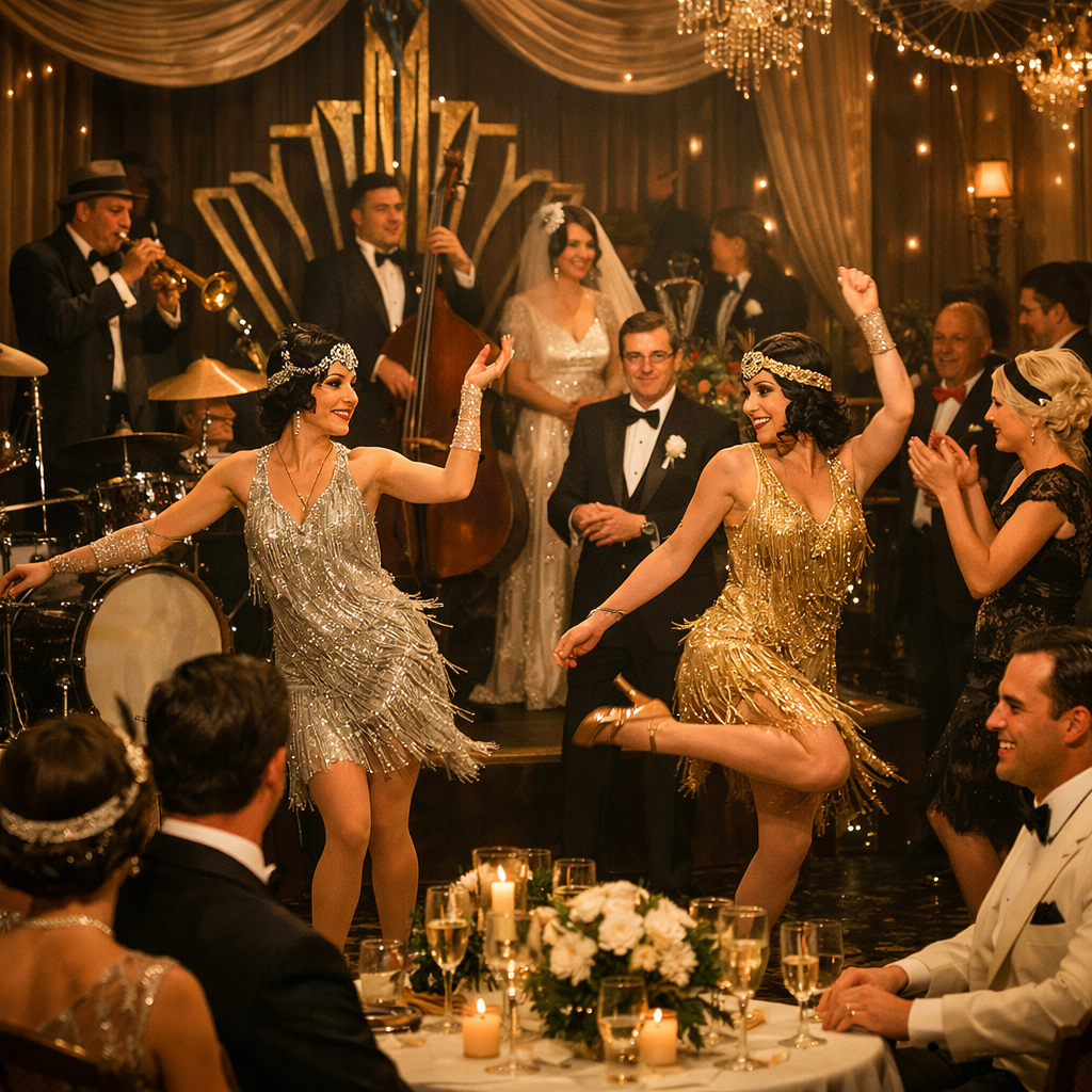 A lively 1920s wedding reception with jazz musicians and flapper dancers.