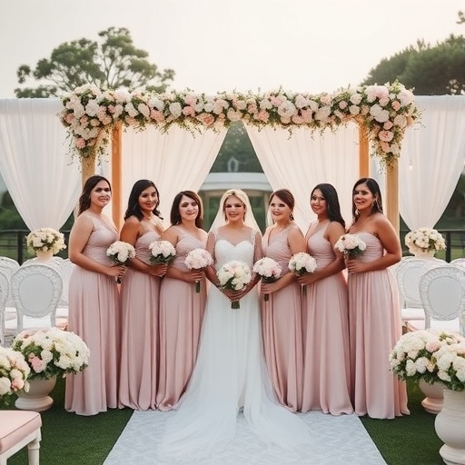 A bridal party wearing soft pink dresses with floral arrangements in a romantic setting.