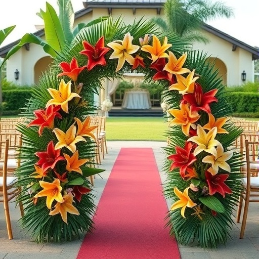 A tropical wedding aisle arrangement with colorful lilies and a red carpet.