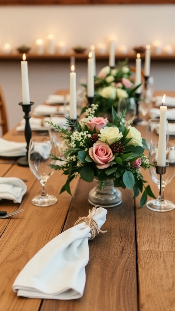 Table setting featuring twine-wrapped napkin holders, floral centerpieces, and candles.