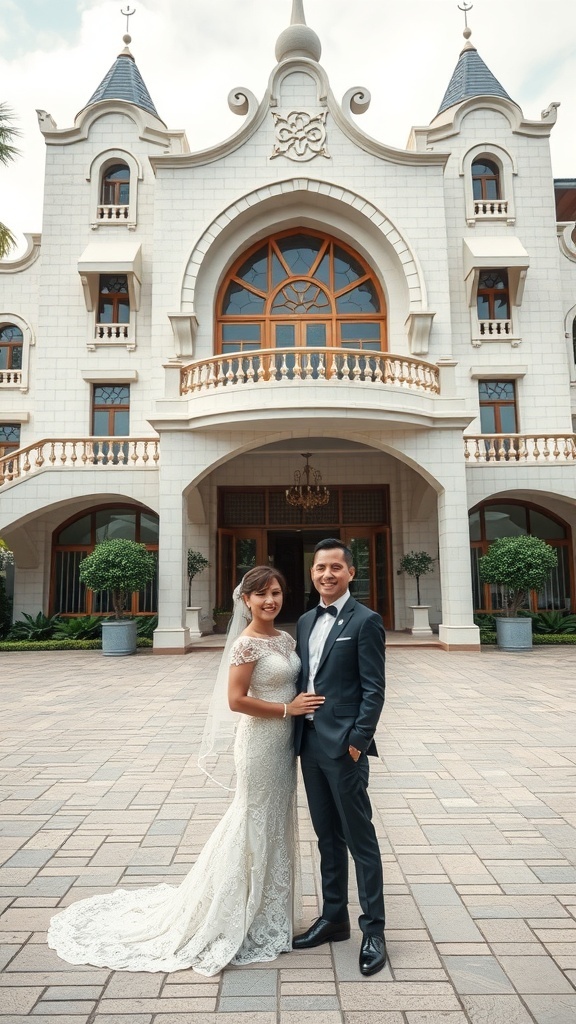 Couple posing in front of a beautifully designed wedding venue.