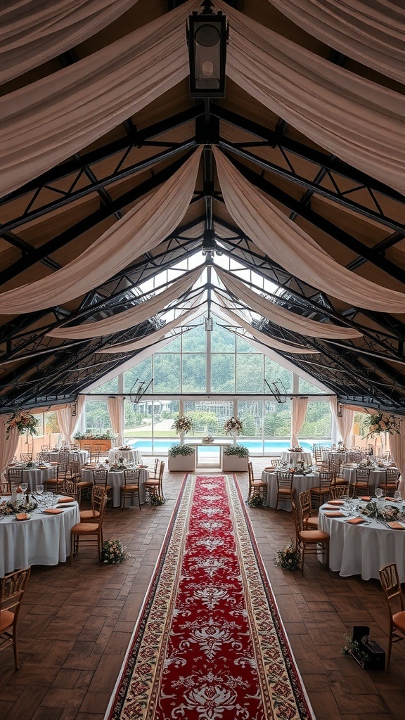 Interior of a beautifully decorated wedding venue with elegant ceilings and tables.
